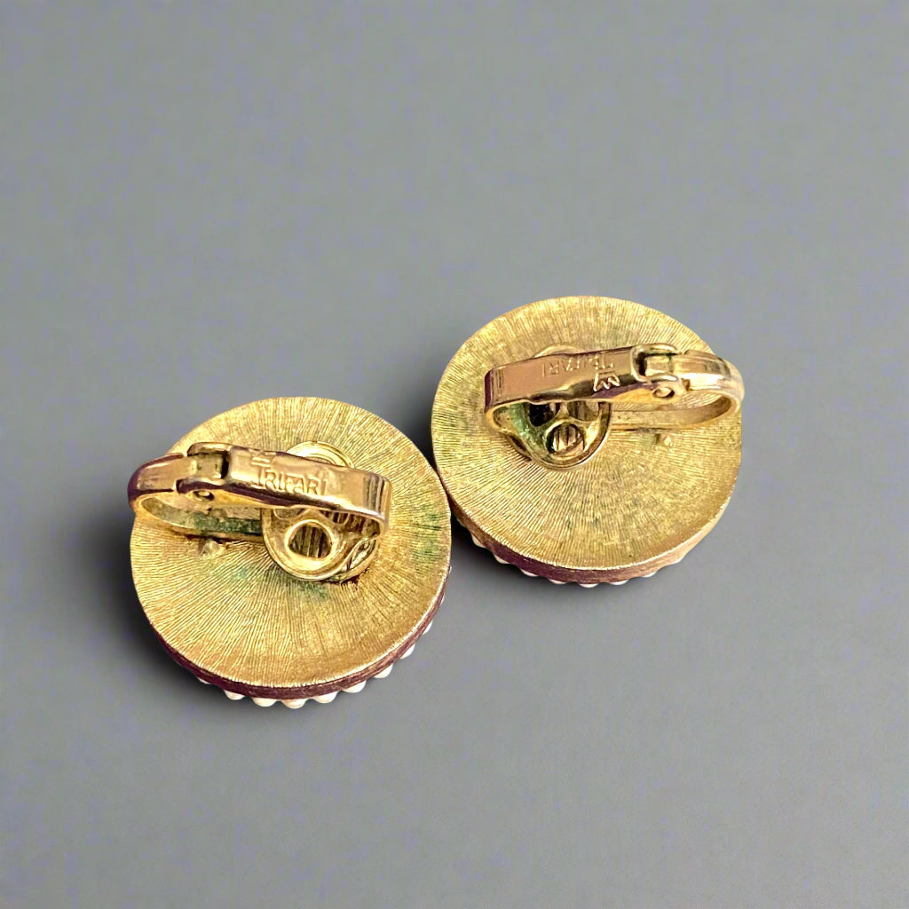 Vintage Milk Glass Earrings Crown Trifari White Clip On Button Style 1960s