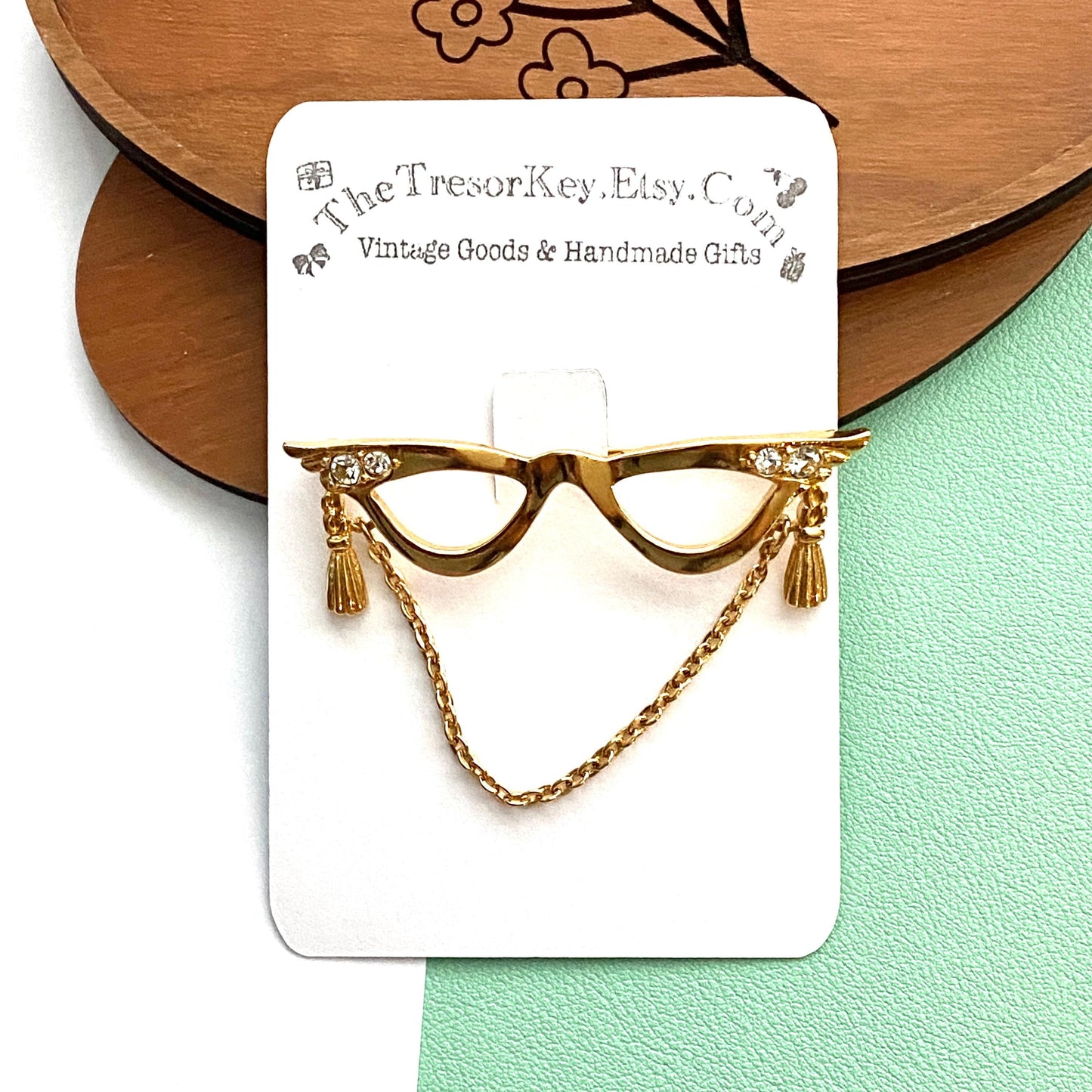 Vintage Avon Cat Eye Glasses Brooch Gold Tone with Rhinestone Accents, 1990s