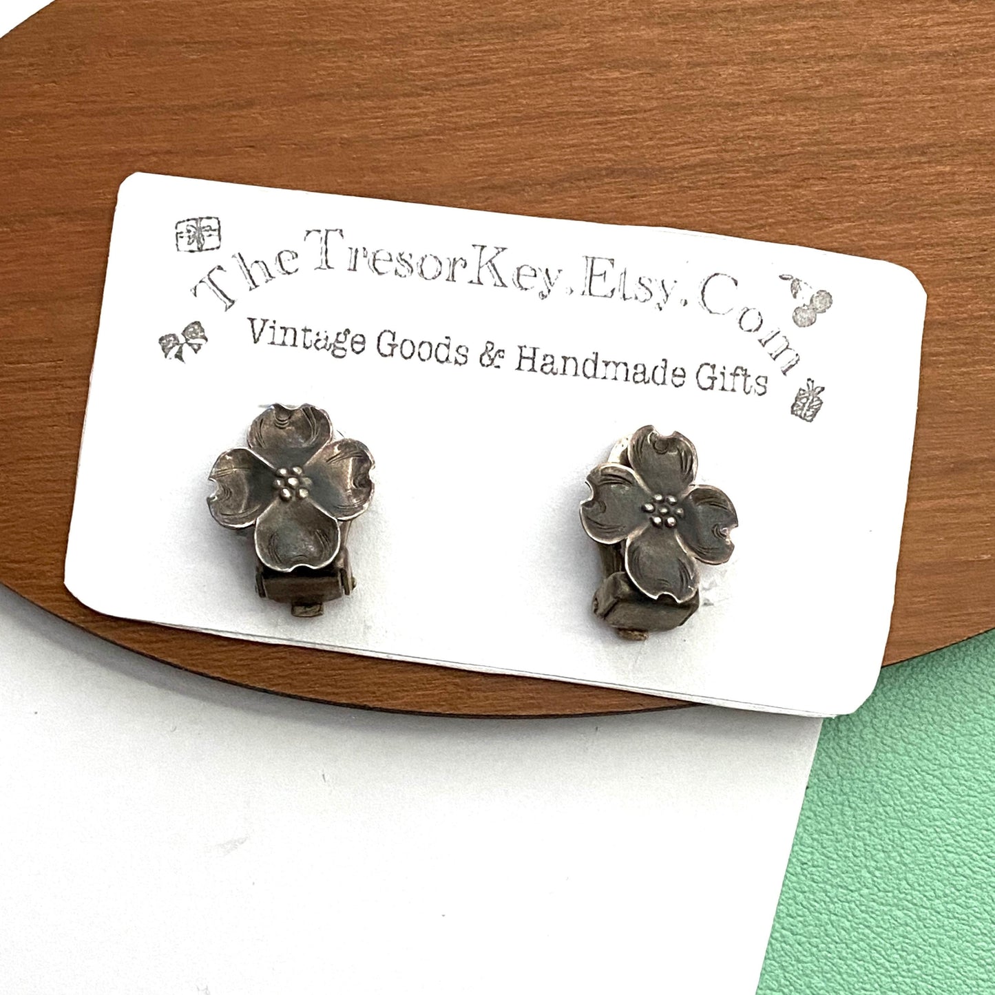 Vintage Clip On Flower Earrings Sterling Silver Dogwood Flowers Signed NYE