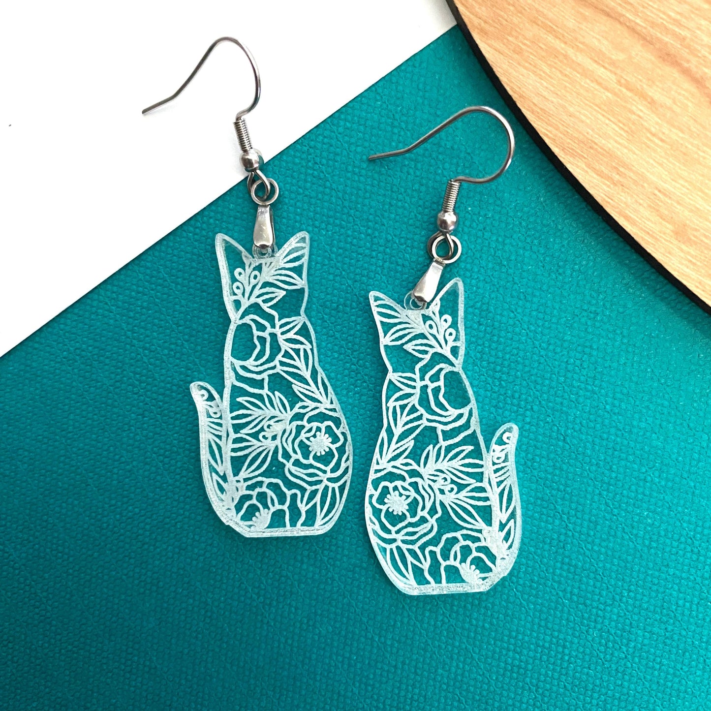 Cute Cat Earrings, Floral Cat Silhouette Dangles For Cat Lovers