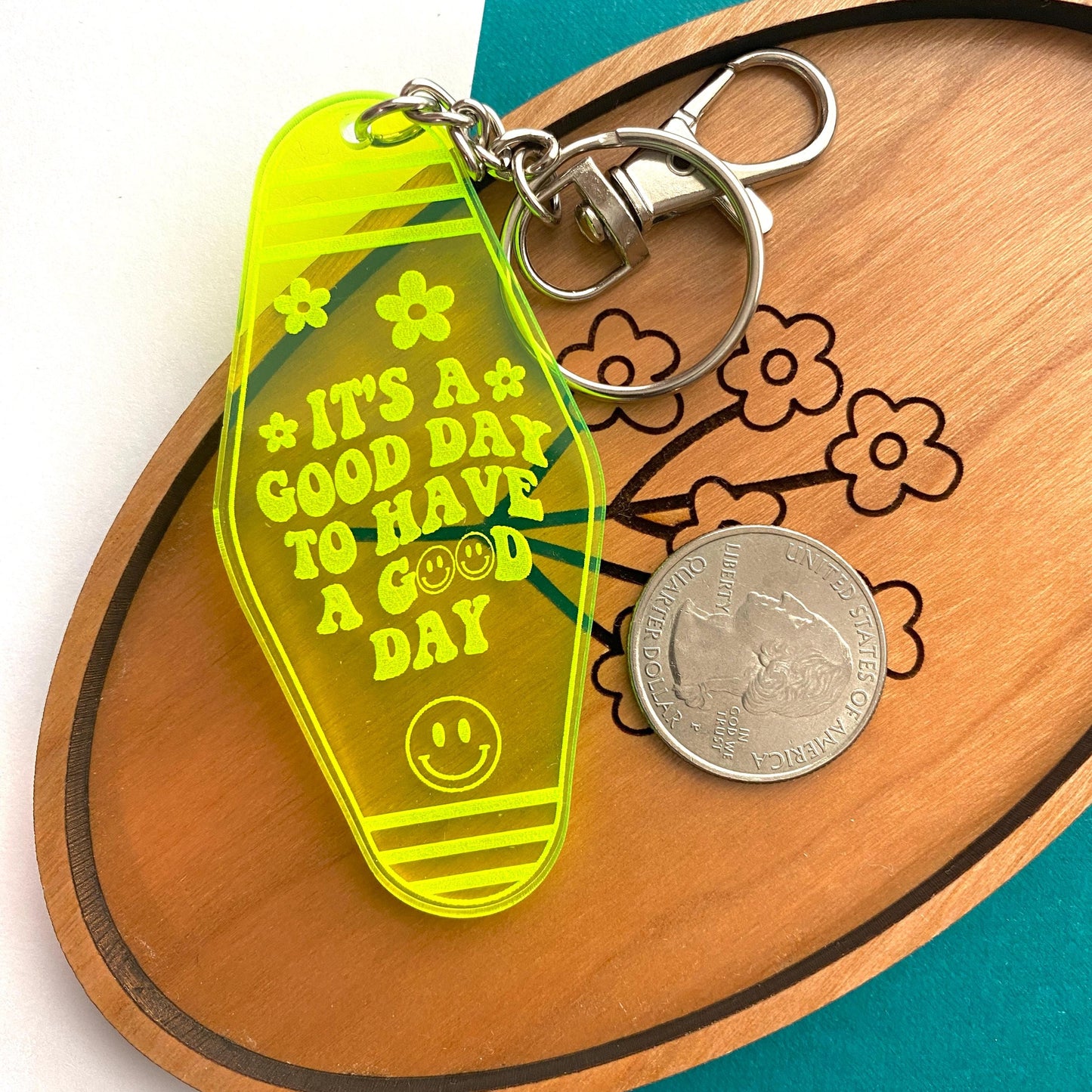 Motel Style Keychain, "It's A Good Day To Have A Good Day" Engraved On Florescent Green Acrylic - Retro Happy Face, Positivity Keychain