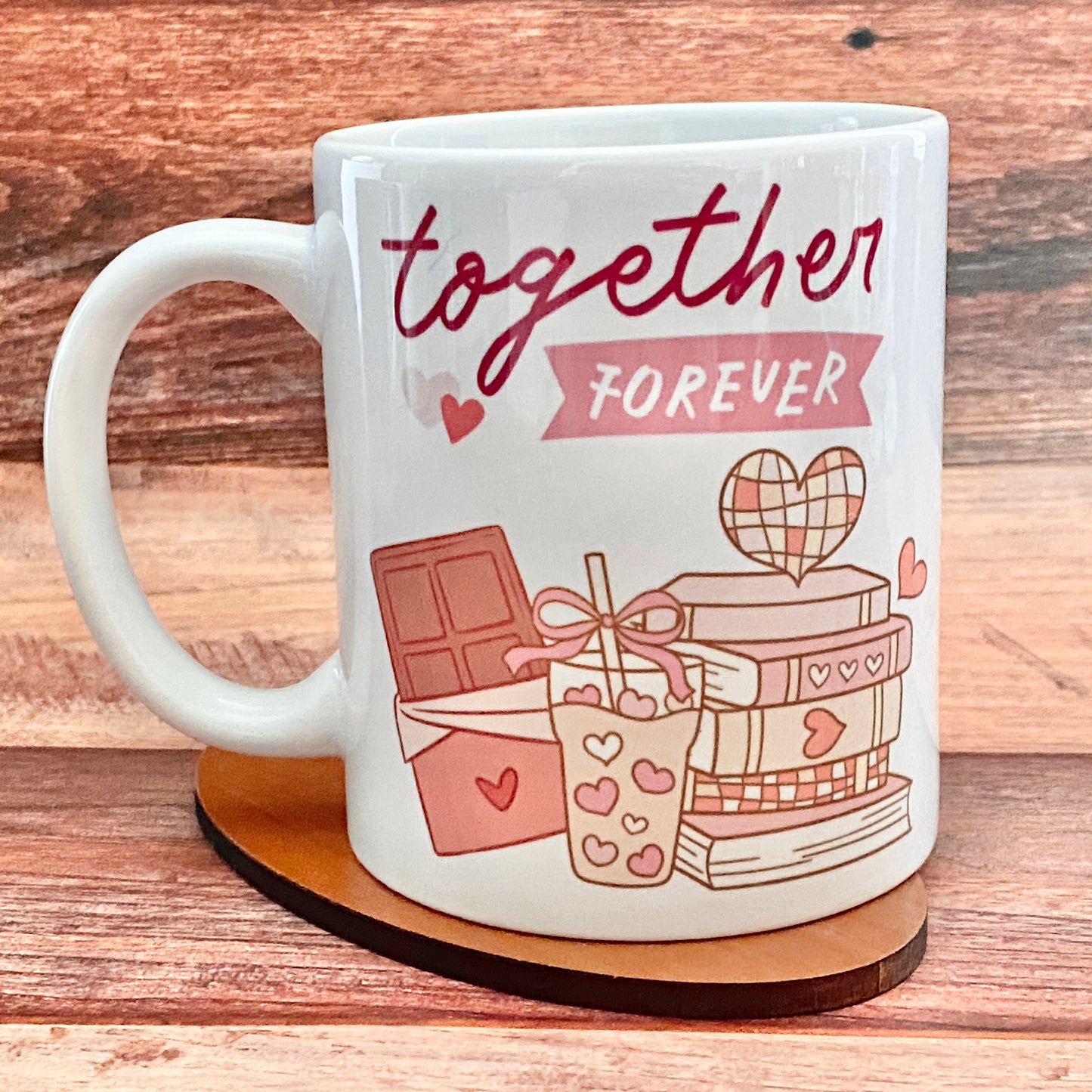 Together Forever Coffee Mug – Romantic Heart, Books & Chocolate Design – Perfect Gift for Book Lovers and Coffee Lovers