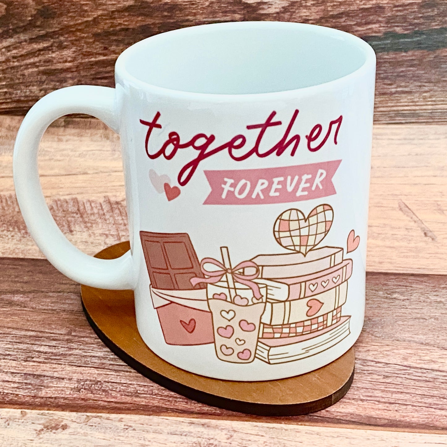 Together Forever Coffee Mug – Romantic Heart, Books & Chocolate Design – Perfect Gift for Book Lovers and Coffee Lovers