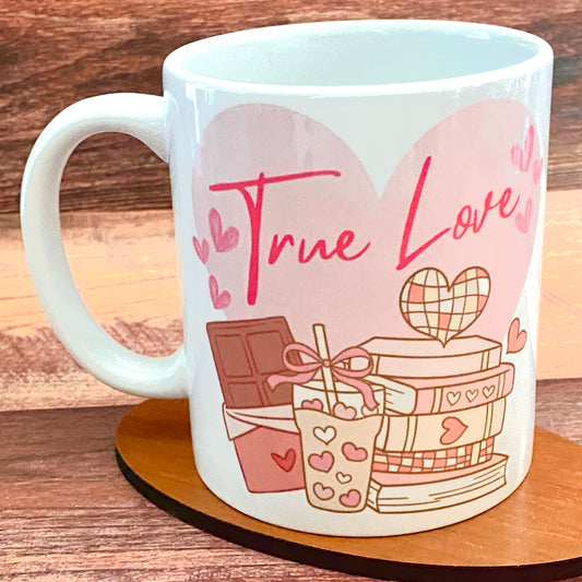 True Love Coffee Mug – Romantic Heart, Books & Chocolate Design – Perfect Gift for Book Lovers and Coffee Lovers