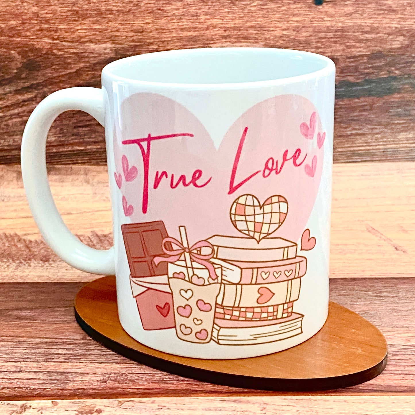 True Love Coffee Mug – Romantic Heart, Books & Chocolate Design – Perfect Gift for Book Lovers and Coffee Lovers