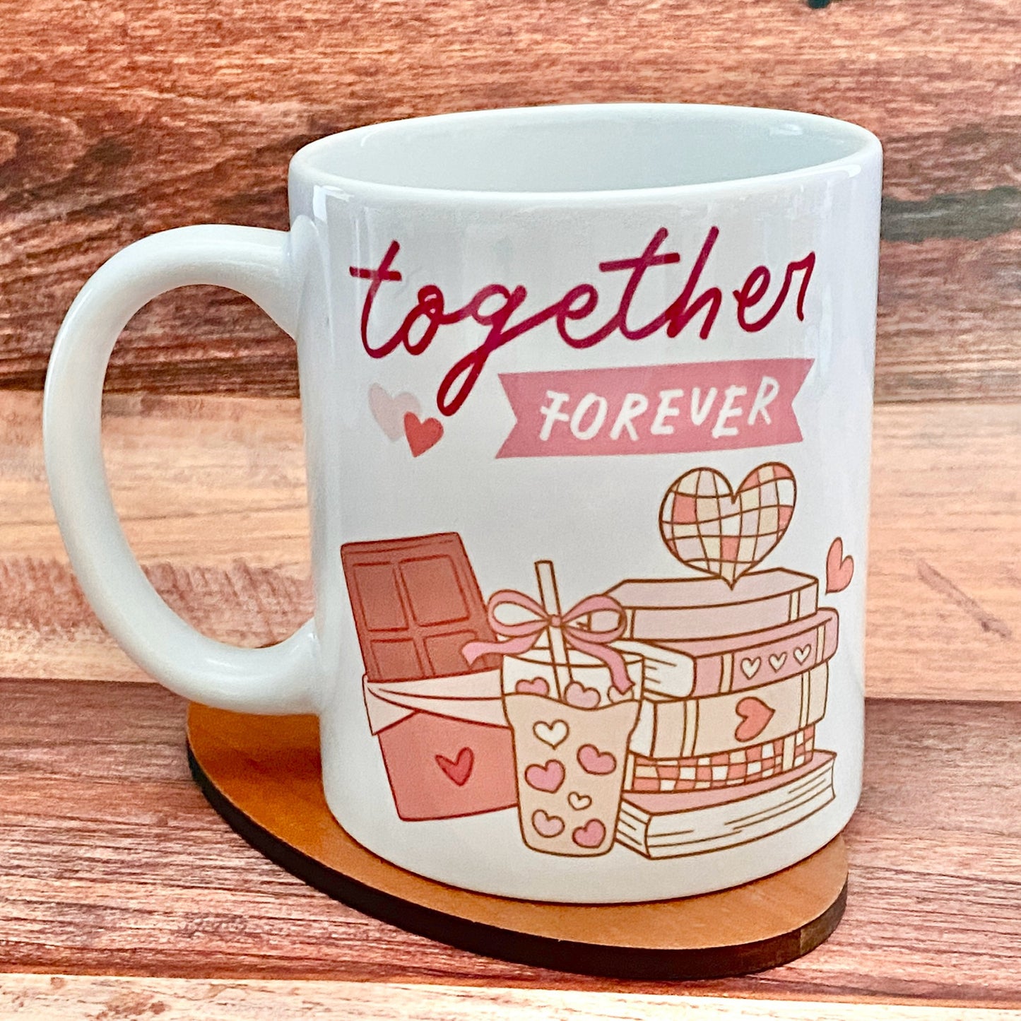 Together Forever Coffee Mug – Romantic Heart, Books & Chocolate Design – Perfect Gift for Book Lovers and Coffee Lovers