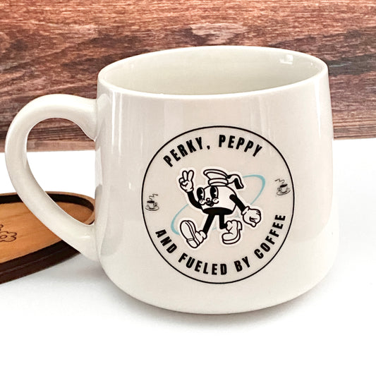 Coffee Mug Retro Diner Inspired "Perky, Peppy, & Fueled By Coffee" Perfect for Hot Drinks & Cereal