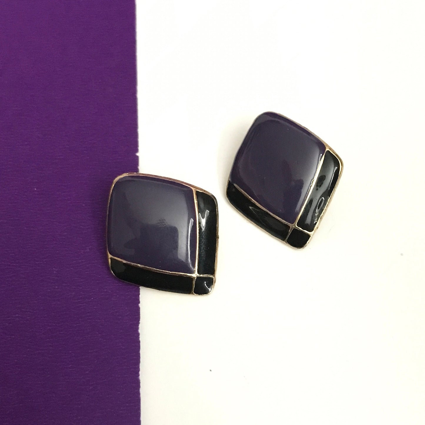 Vintage 1980s Earrings Purple Enamel & Metal with Gold-Tone Detailing Pierced Back Retro