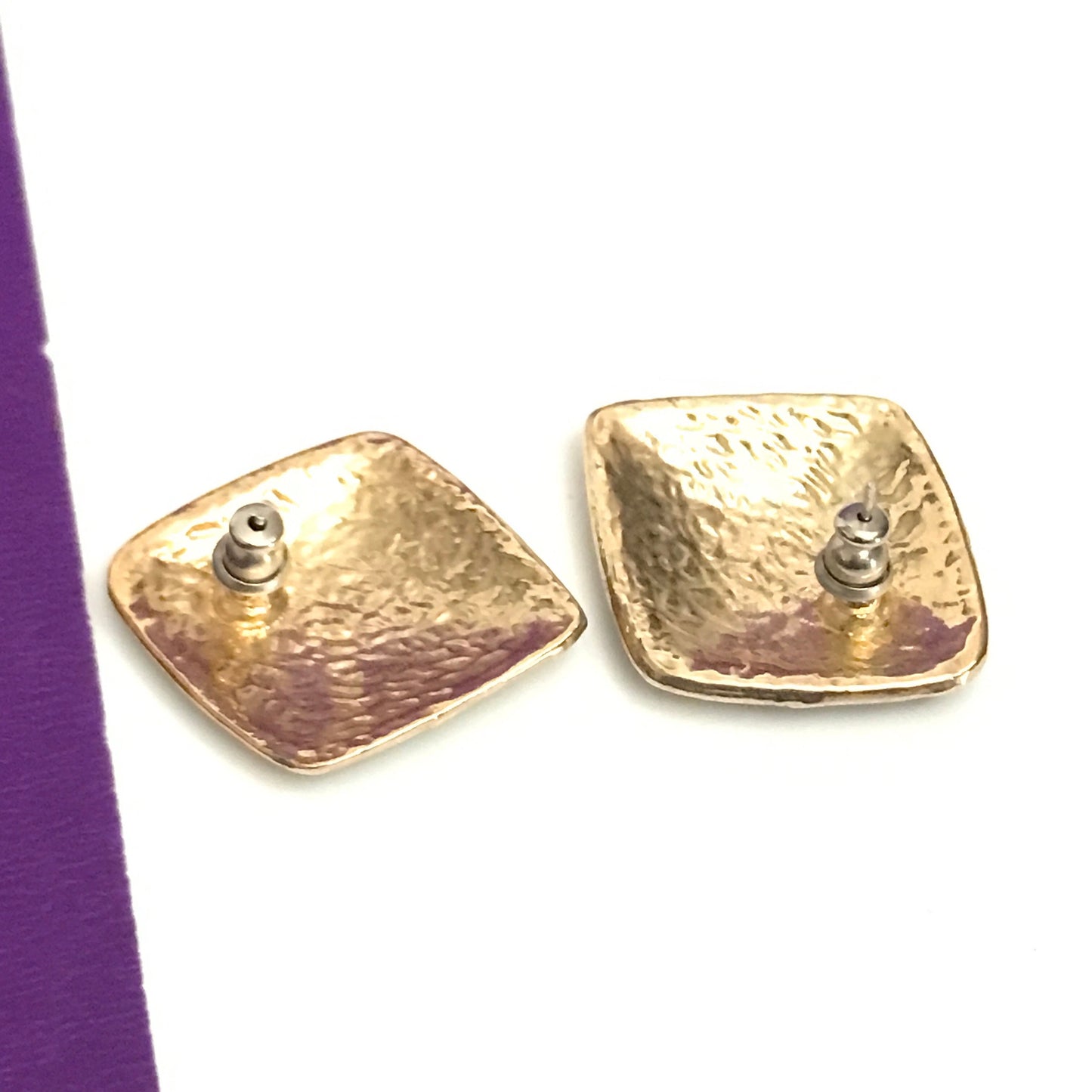 Vintage 1980s Earrings Purple Enamel & Metal with Gold-Tone Detailing Pierced Back Retro