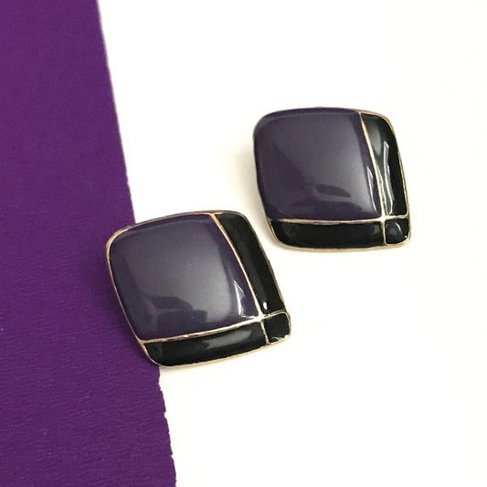 Vintage 1980s Earrings Purple Enamel & Metal with Gold-Tone Detailing Pierced Back Retro