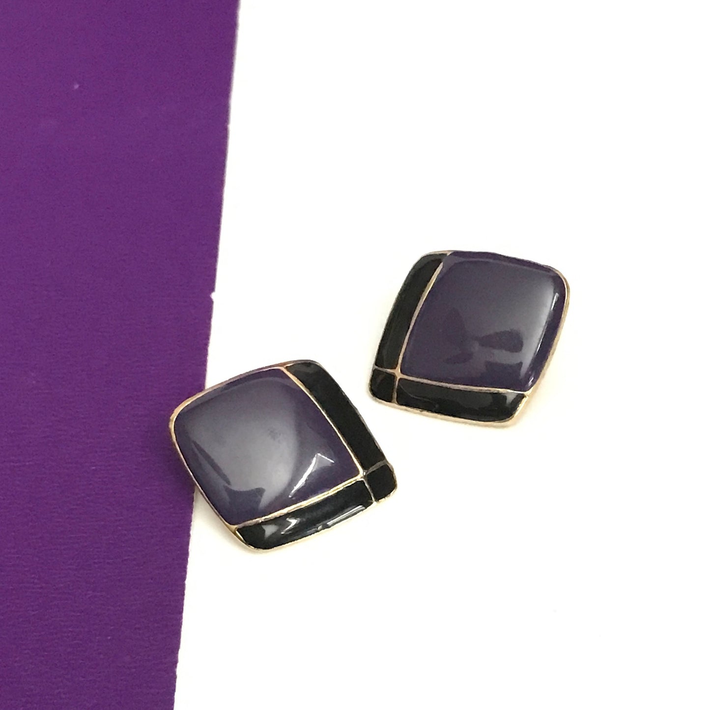 Vintage 1980s Earrings Purple Enamel & Metal with Gold-Tone Detailing Pierced Back Retro