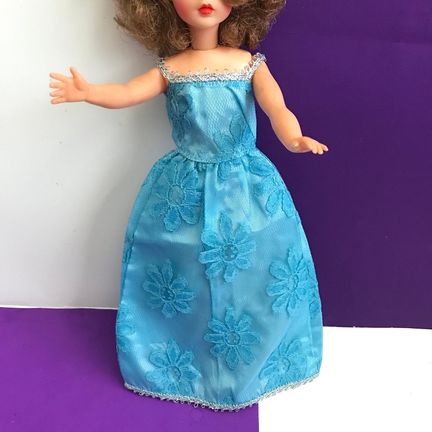 Vintage Tammy Doll Dress Homemade Blue Gown with Flower Pattern 1960s