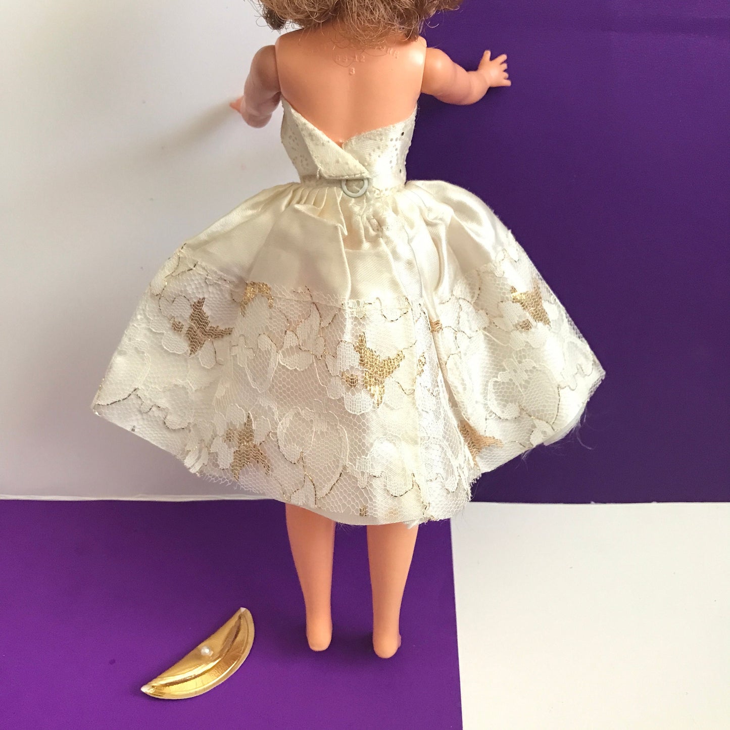 Vintage Tammy Doll Clone Party Dress Strapless Off-White with Glitter Bodice and Gold Lace Detail 1960s