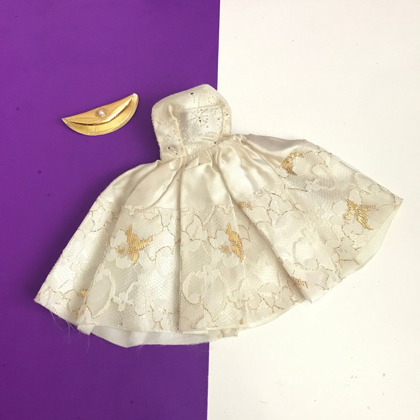 Vintage Tammy Doll Clone Party Dress Strapless Off-White with Glitter Bodice and Gold Lace Detail 1960s