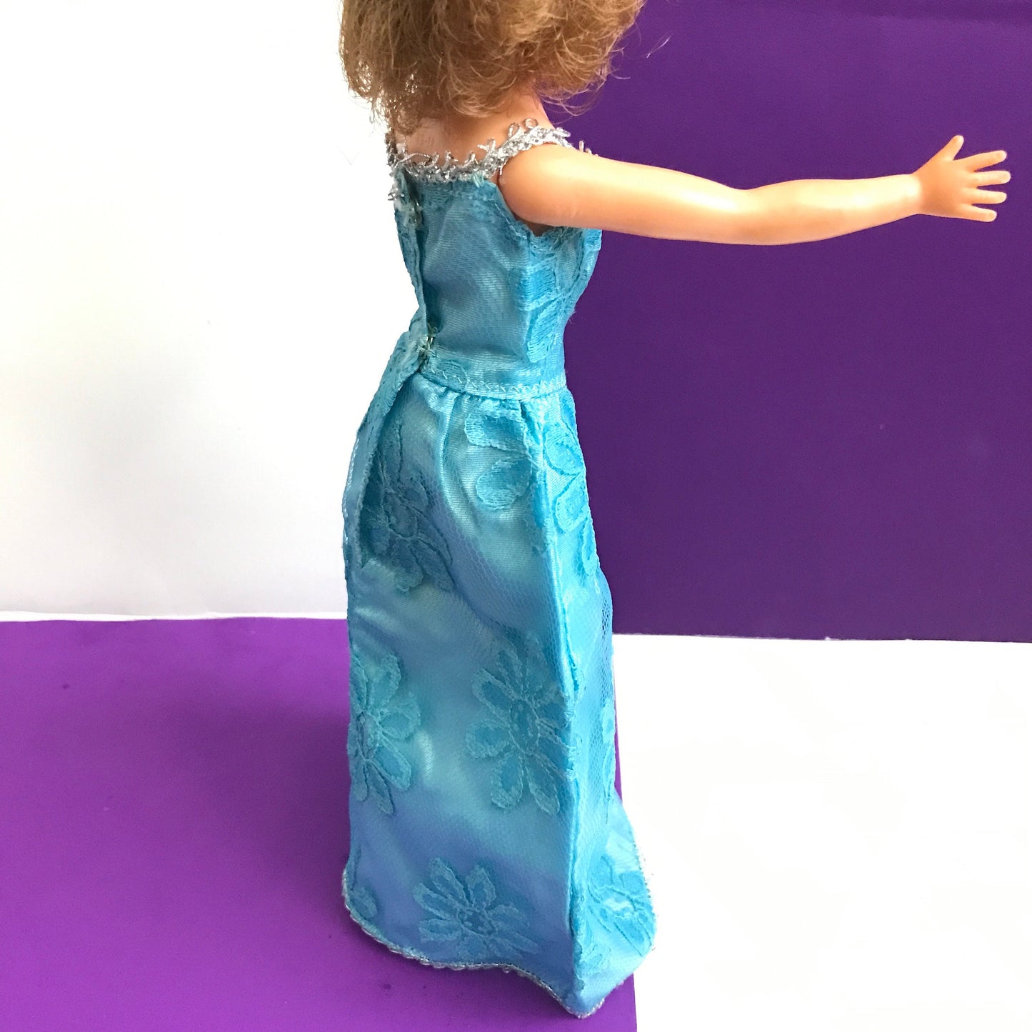 Vintage Tammy Doll Dress Homemade Blue Gown with Flower Pattern 1960s