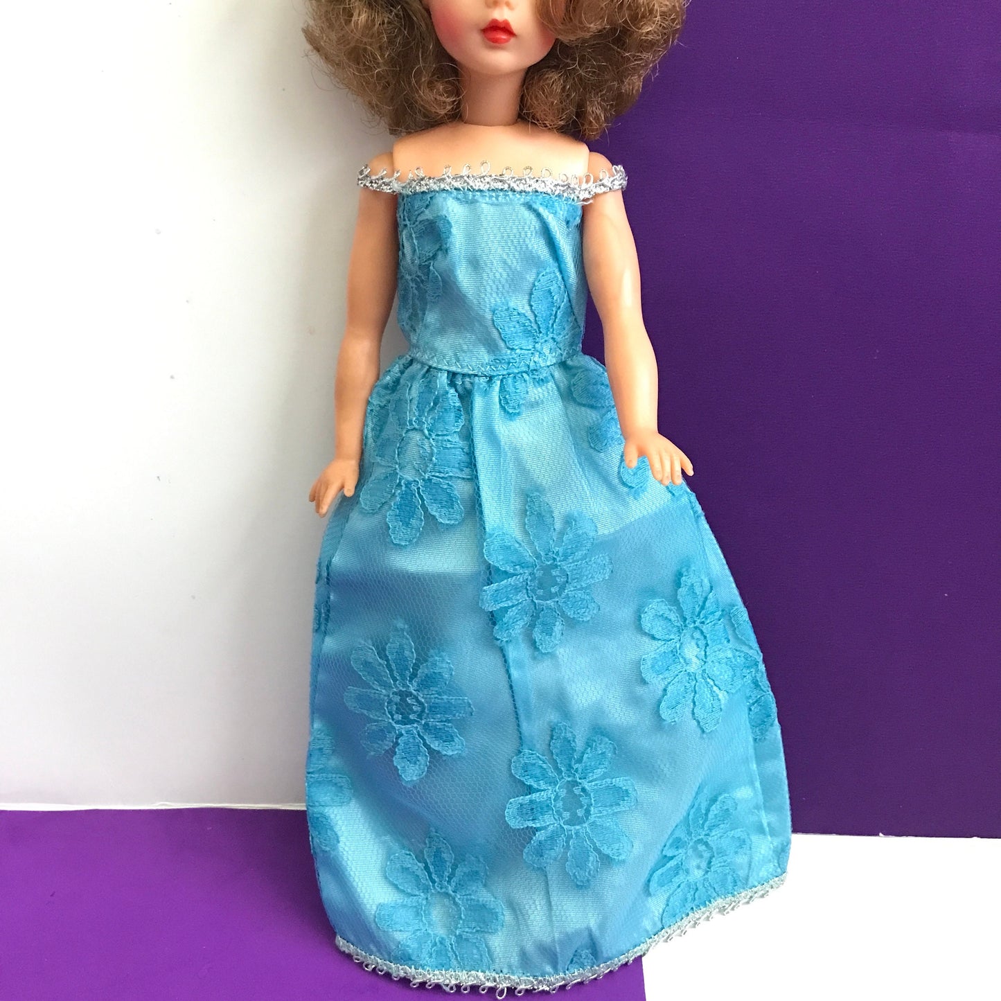 Vintage Tammy Doll Dress Homemade Blue Gown with Flower Pattern 1960s