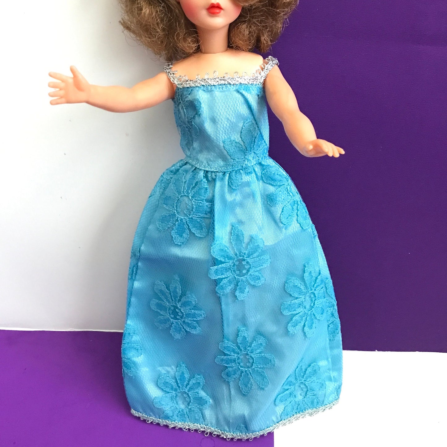 Vintage Tammy Doll Dress Homemade Blue Gown with Flower Pattern 1960s