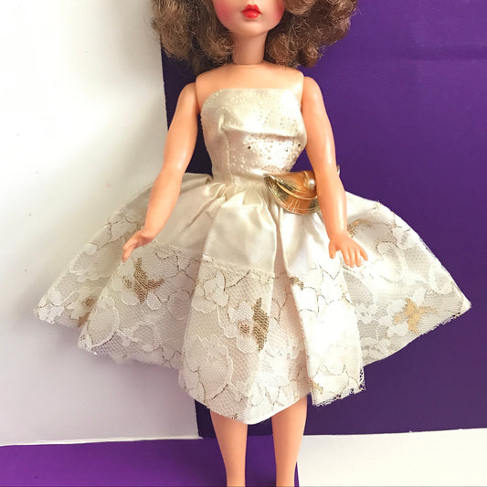 Vintage Tammy Doll Clone Party Dress Strapless Off-White with Glitter Bodice and Gold Lace Detail 1960s