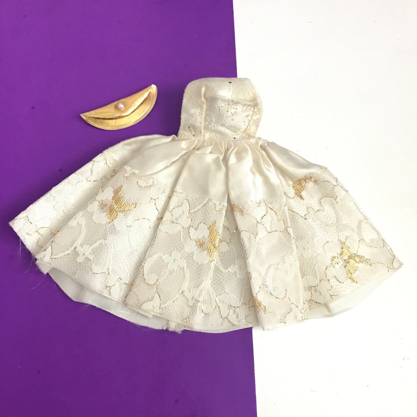 Vintage Tammy Doll Clone Party Dress Strapless Off-White with Glitter Bodice and Gold Lace Detail 1960s