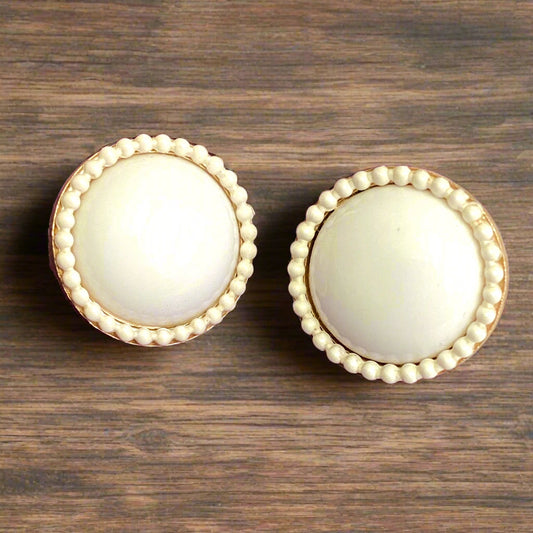 Vintage Milk Glass Earrings Crown Trifari White Clip On Button Style 1960s