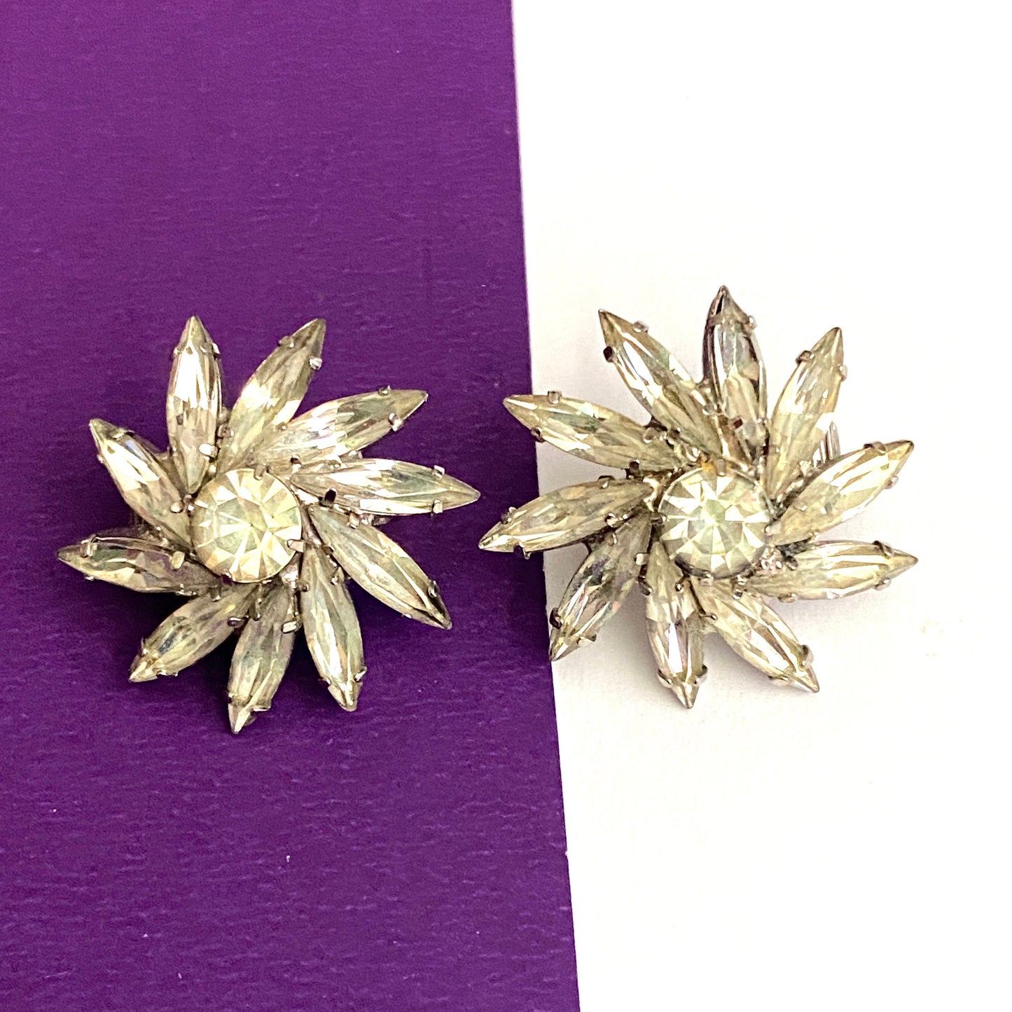 Vintage Flower Earrings Clip On Silver Tone with Rhinestones, Unsigned 1960s