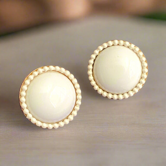 Vintage Milk Glass Earrings Crown Trifari White Clip On Button Style 1960s