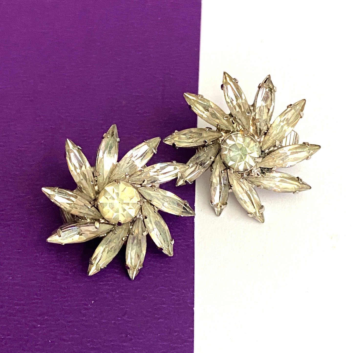 Vintage Flower Earrings Clip On Silver Tone with Rhinestones, Unsigned 1960s