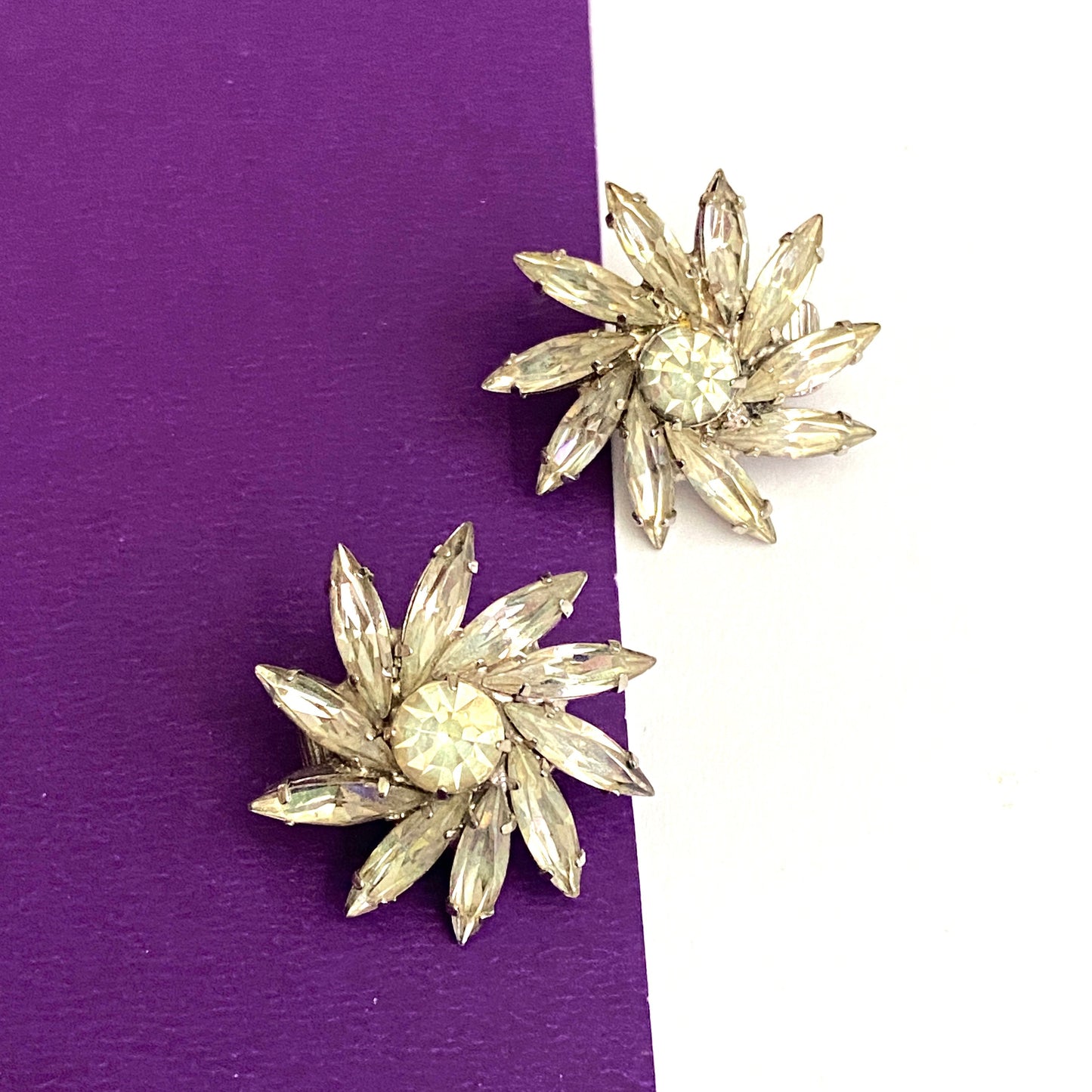 Vintage Flower Earrings Clip On Silver Tone with Rhinestones, Unsigned 1960s