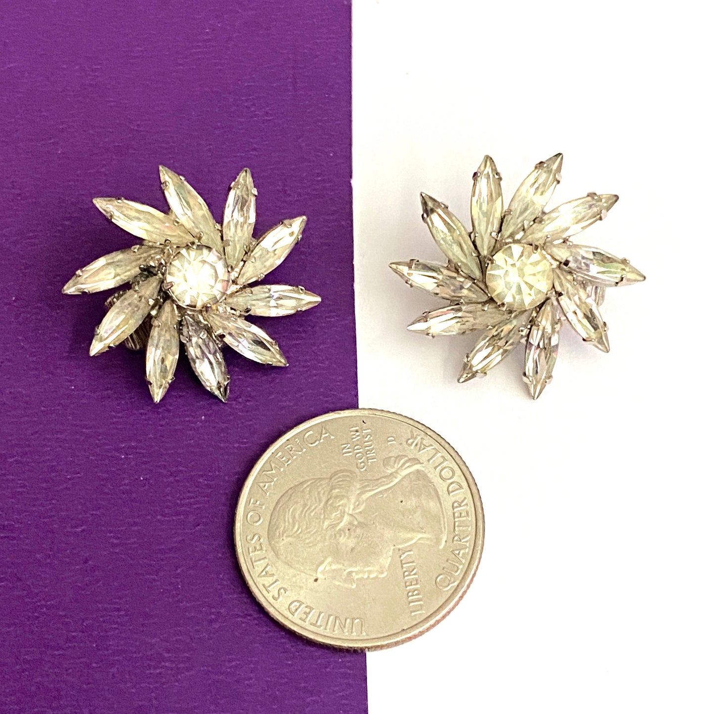 Vintage Flower Earrings Clip On Silver Tone with Rhinestones, Unsigned 1960s