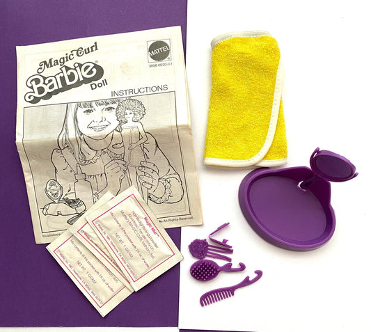 Vintage Magic Curl Barbie Coverup, Instructions, Magic Mist, Mirror, Hand Brush, Hand Comb & Barrette  #3856