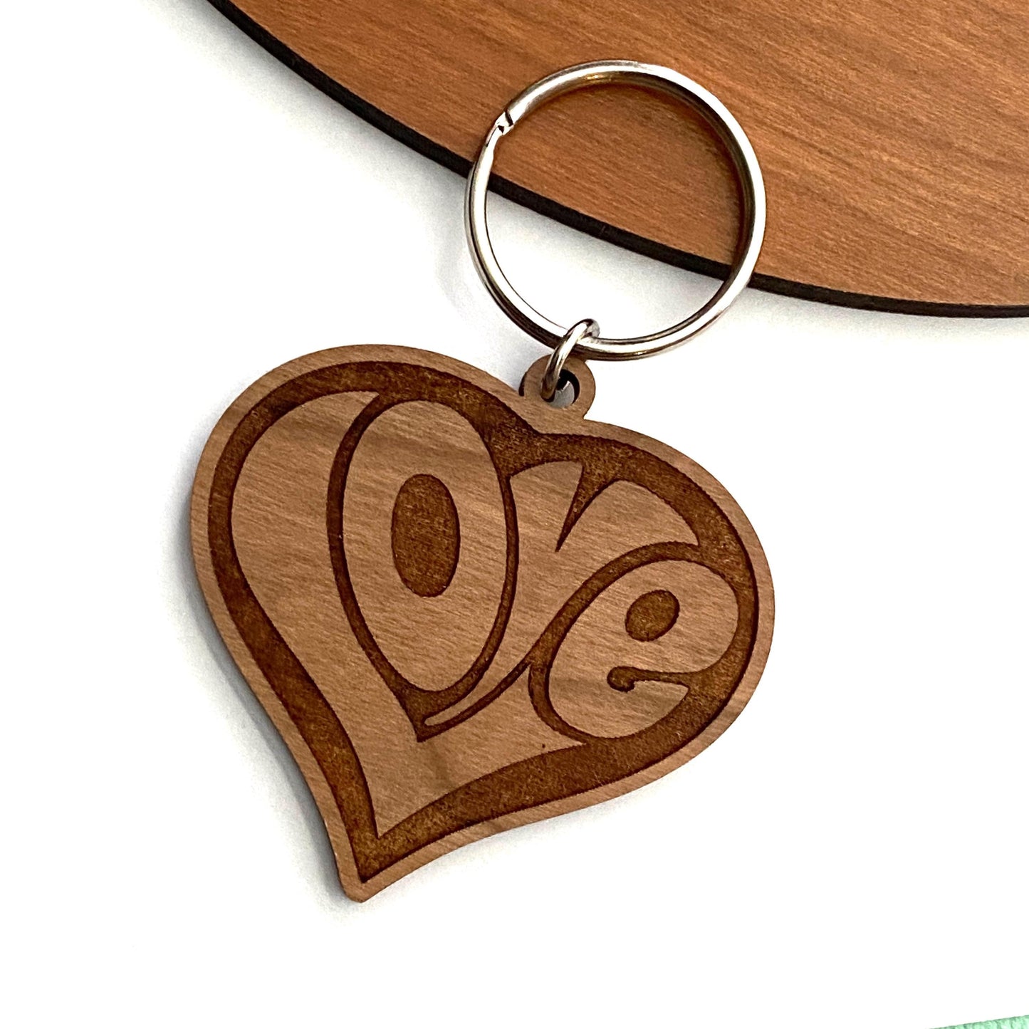 Heart Shaped "Love" Keychain Cherry Wood Retro Inspired - Cute and Unique Handmade Gift