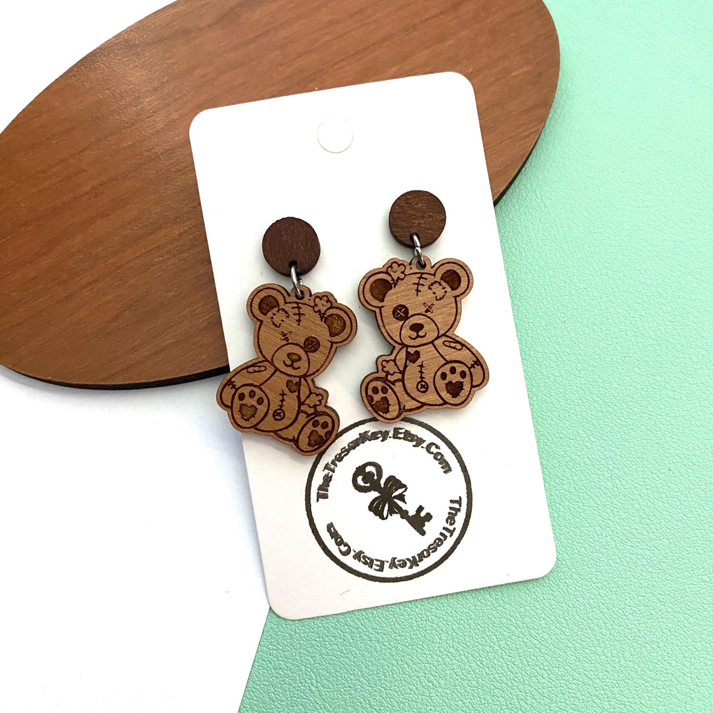 Cute Teddy Bear Dangle Earrings, Distressed Bear Wood Earrings Handmade