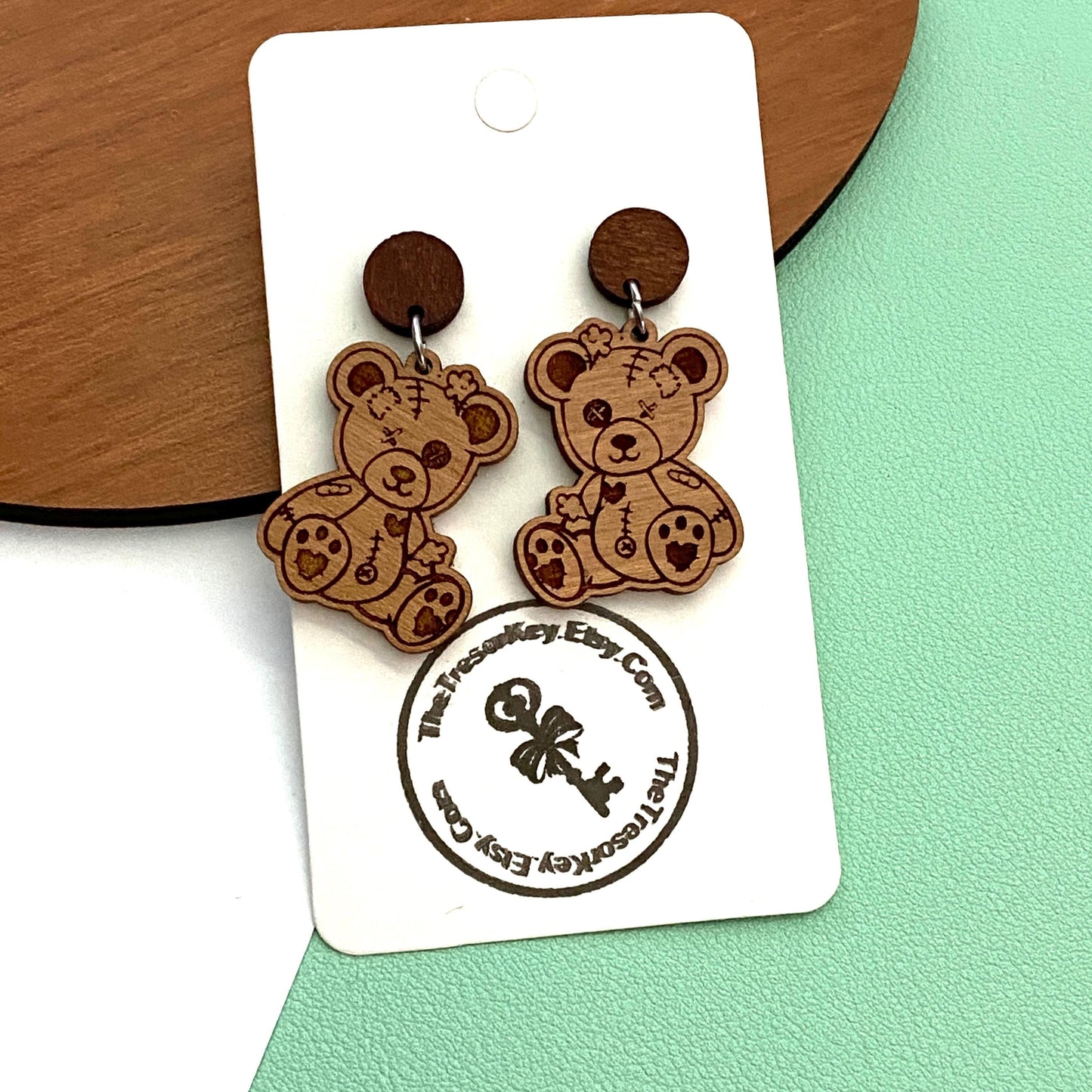 Cute Teddy Bear Dangle Earrings, Distressed Bear Wood Earrings Handmade