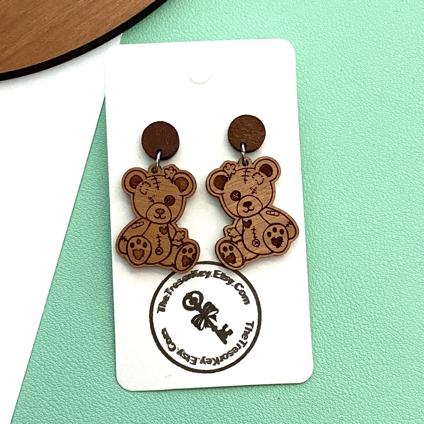 Cute Teddy Bear Dangle Earrings, Distressed Bear Wood Earrings Handmade