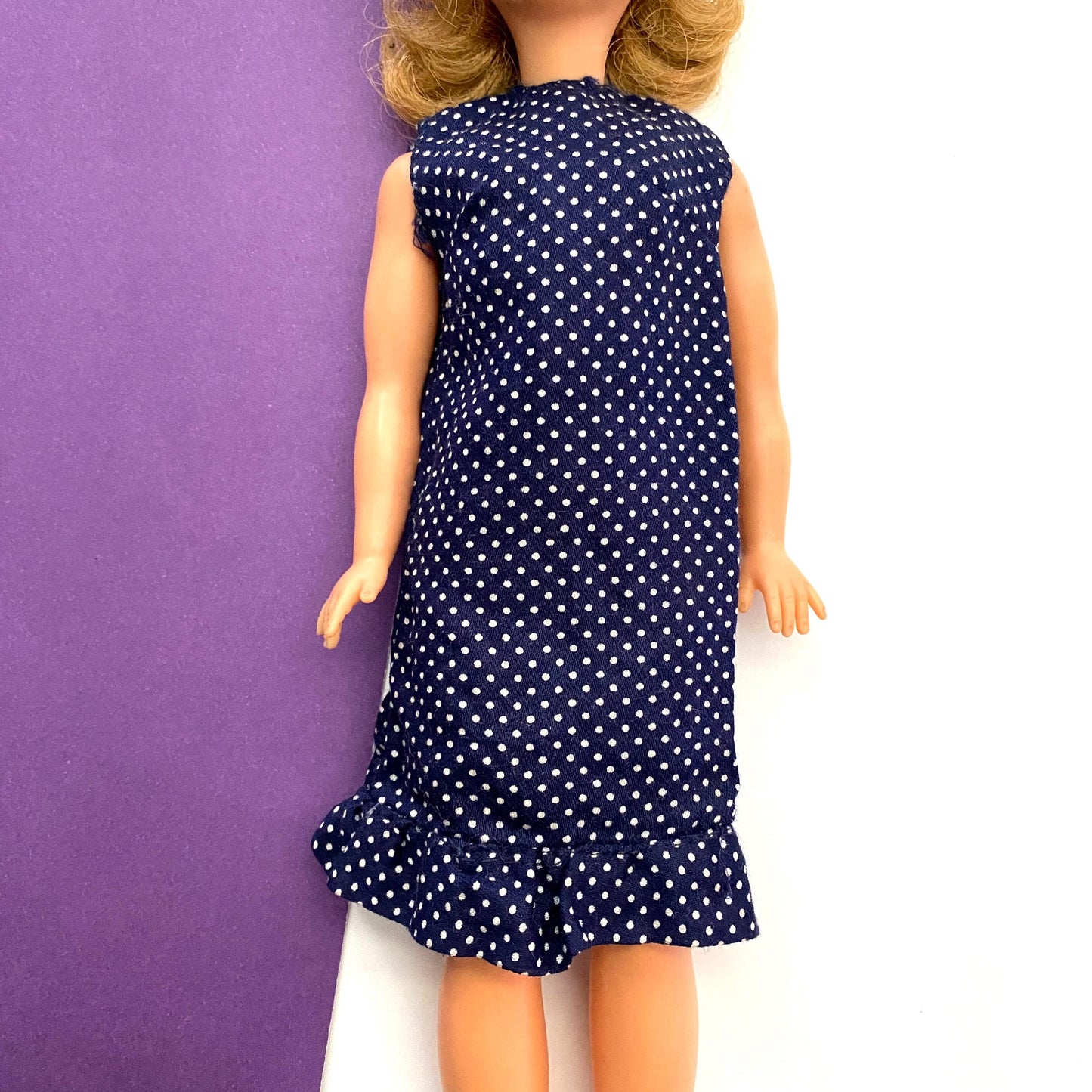 Vintage Tammy Doll Homemade Shift Dress/ House Dress Blue & White Polka Dot Pattern 1960s