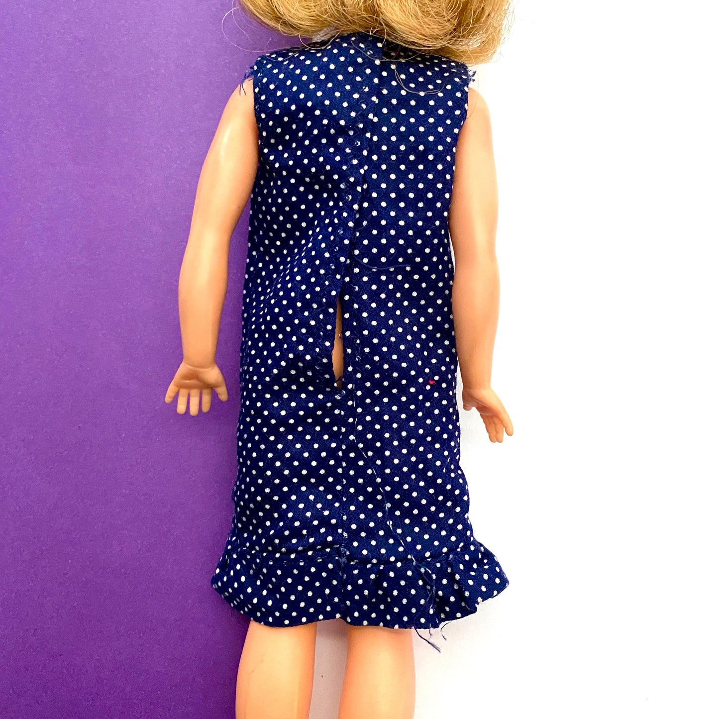 Vintage Tammy Doll Homemade Shift Dress/ House Dress Blue & White Polka Dot Pattern 1960s