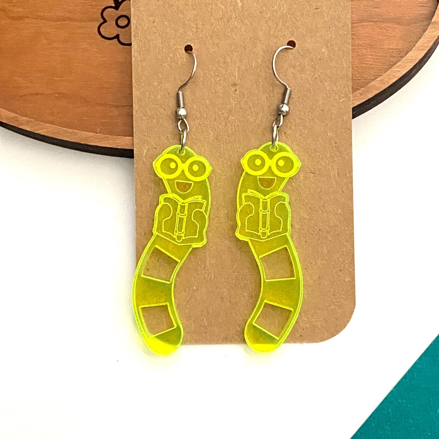 Bookworm Earrings, Fun Fluorescent Green Acrylic Bookworm Earrings for Readers and Book Lovers, Cute Bookish Gifts