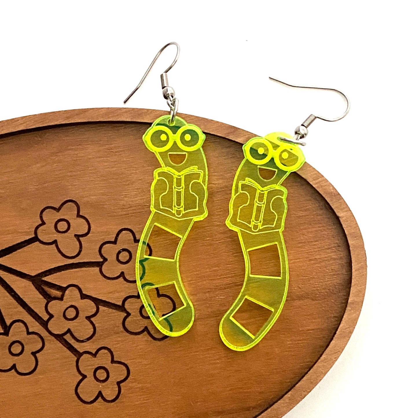 Bookworm Earrings, Fun Fluorescent Green Acrylic Bookworm Earrings for Readers and Book Lovers, Cute Bookish Gifts