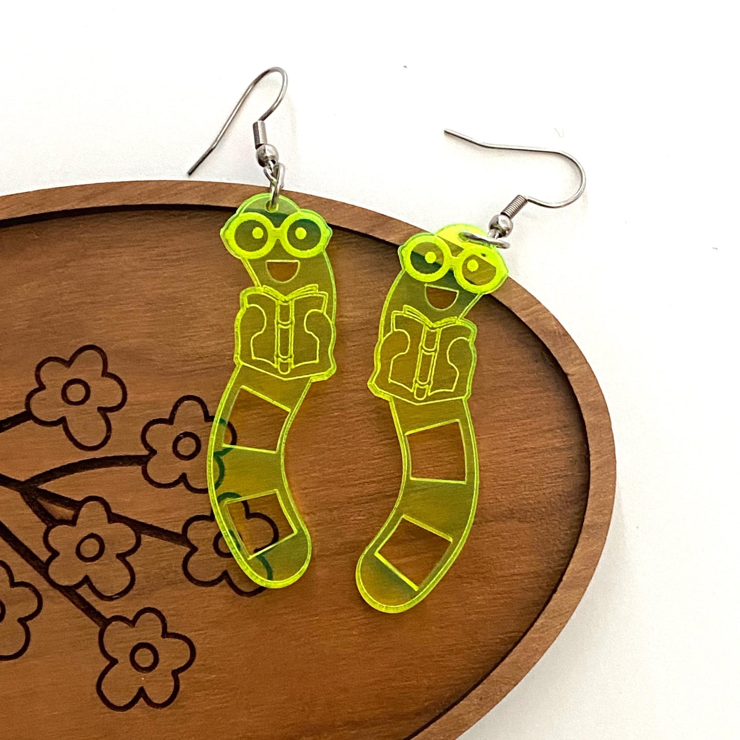 Bookworm Earrings, Fun Fluorescent Green Acrylic Bookworm Earrings for Readers and Book Lovers, Cute Bookish Gifts