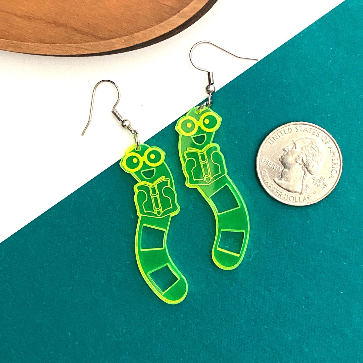 Bookworm Earrings, Fun Fluorescent Green Acrylic Bookworm Earrings for Readers and Book Lovers, Cute Bookish Gifts