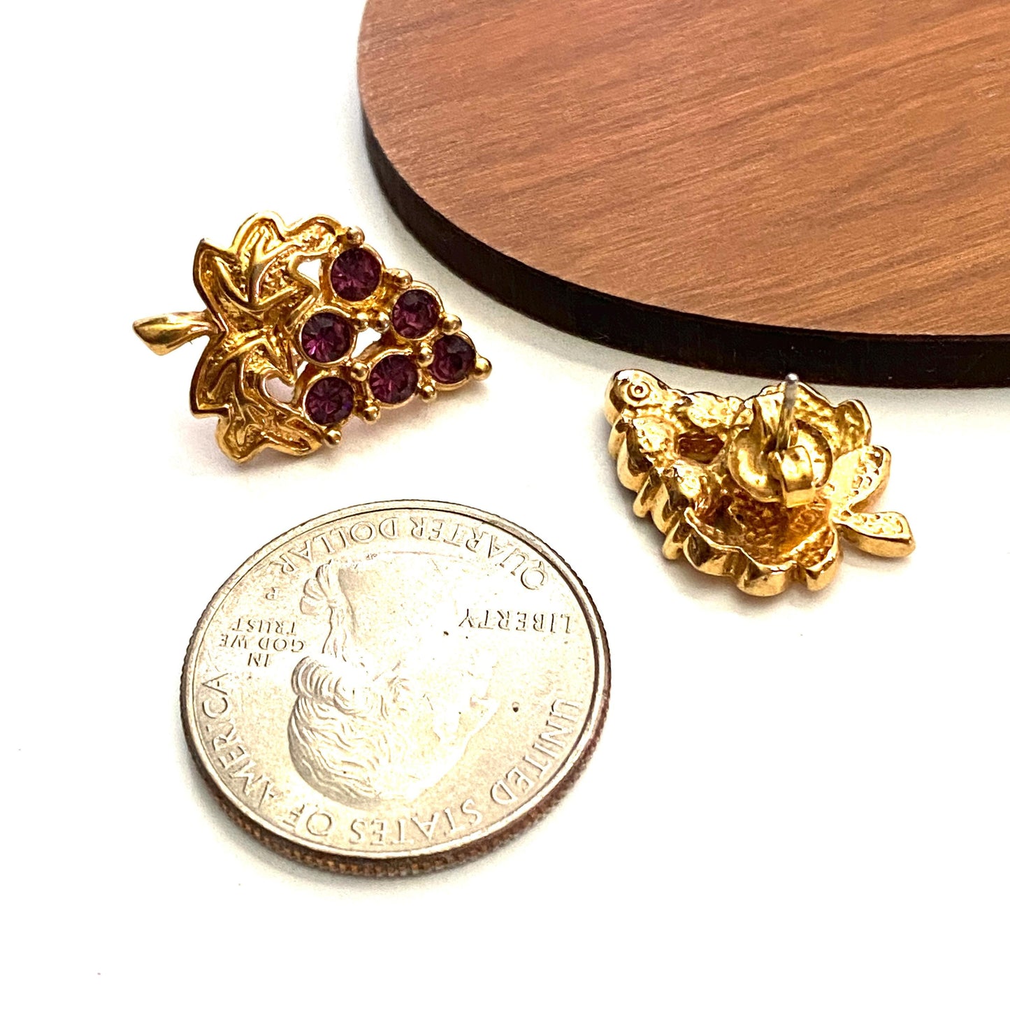 Vintage 1990's Avon Grape Cluster Earrings Gold Tone with Purple Rhinestones 1992