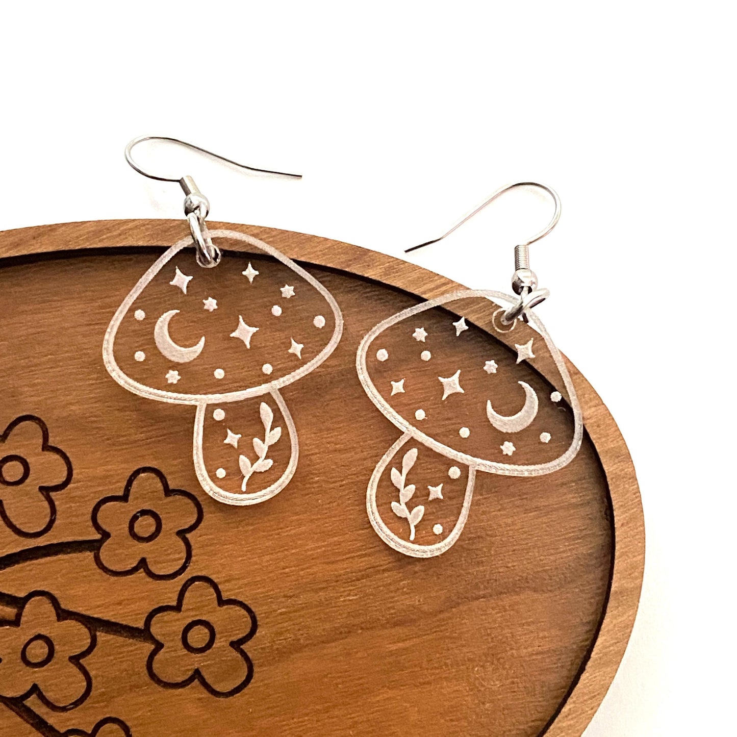 Acrylic Mushroom Earrings, Clear Mushroom Dangles with Celestial Accents, Fun Magic Mushroom Earrings