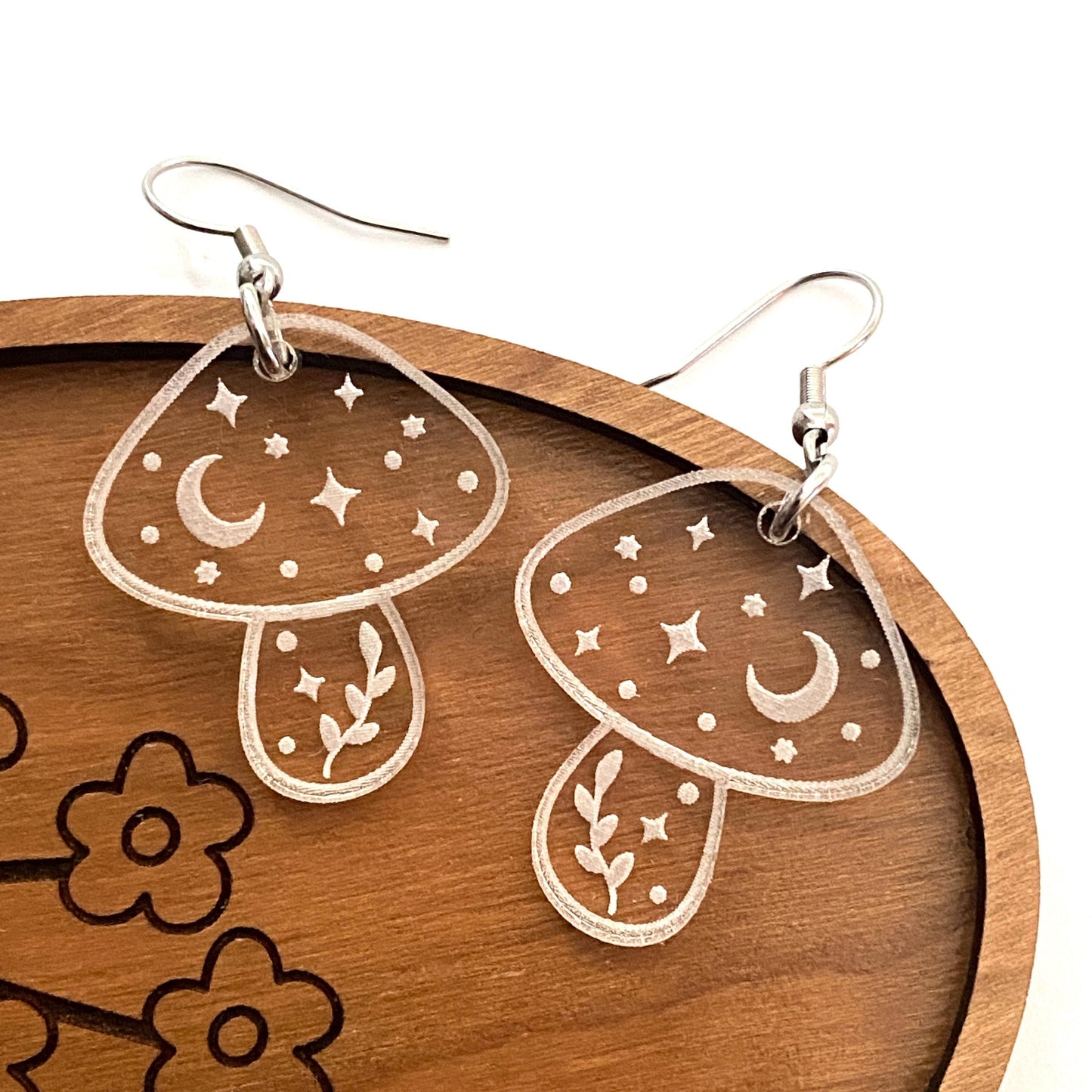 Acrylic Mushroom Earrings, Clear Mushroom Dangles with Celestial Accents, Fun Magic Mushroom Earrings