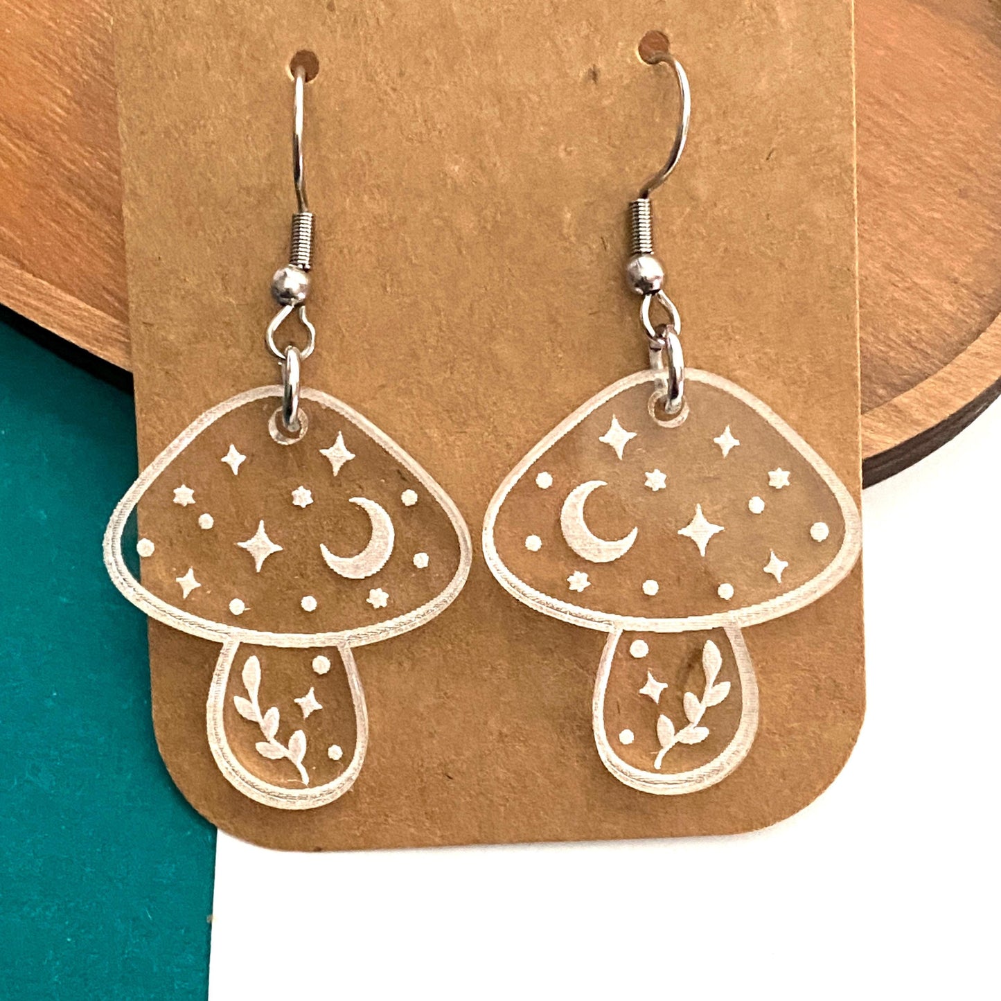 Acrylic Mushroom Earrings, Clear Mushroom Dangles with Celestial Accents, Fun Magic Mushroom Earrings