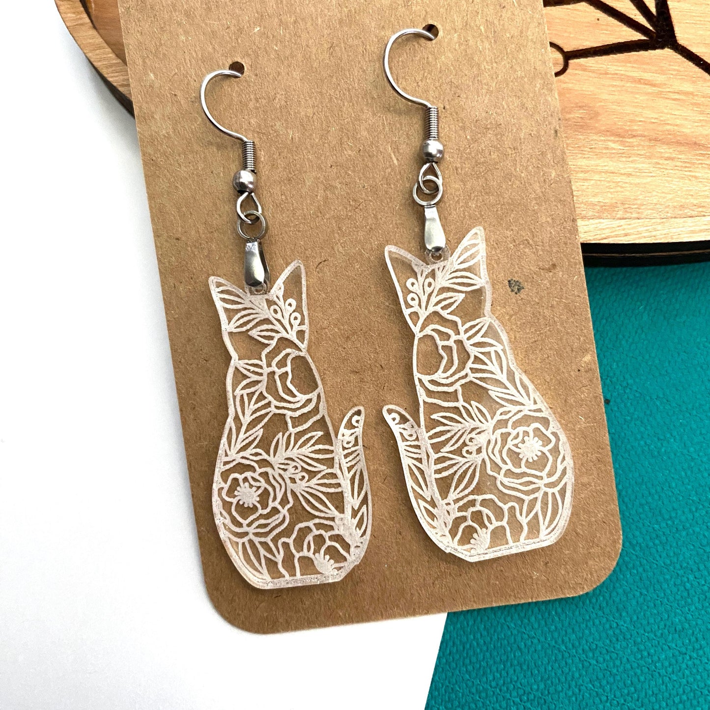 Cute Cat Earrings, Floral Cat Silhouette Dangles For Cat Lovers