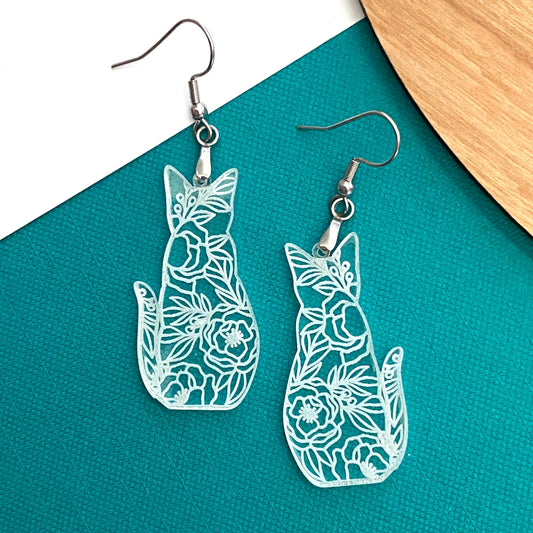 Cute Cat Earrings, Floral Cat Silhouette Dangles For Cat Lovers