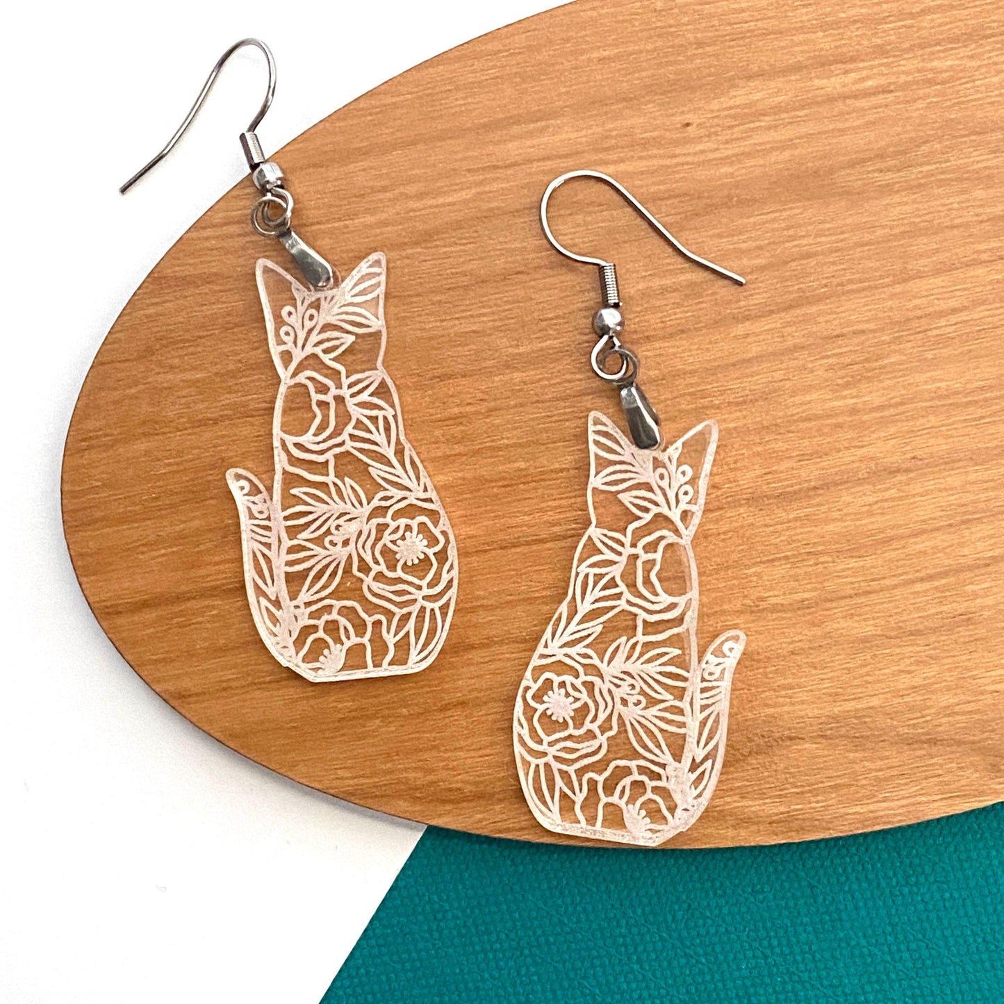 Cute Cat Earrings, Floral Cat Silhouette Dangles For Cat Lovers