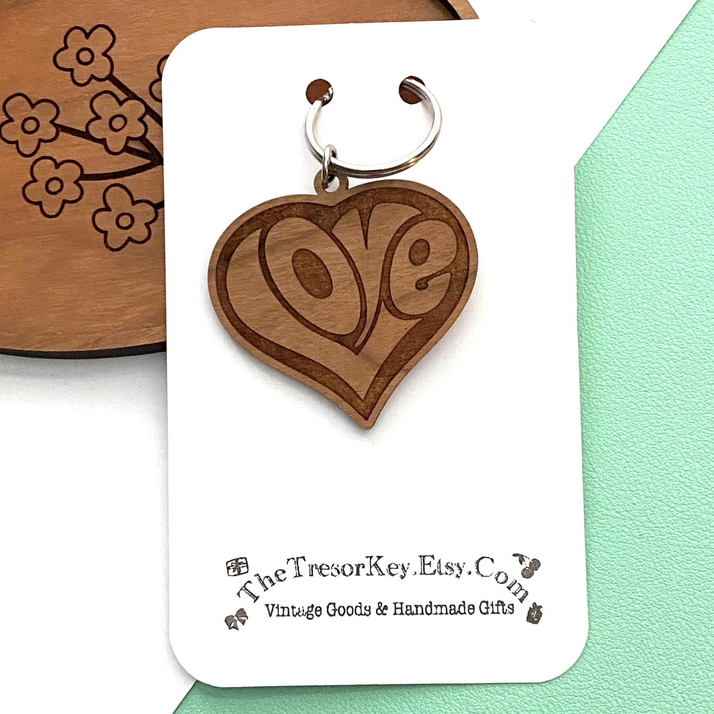 Heart Shaped "Love" Keychain Cherry Wood Retro Inspired - Cute and Unique Handmade Gift