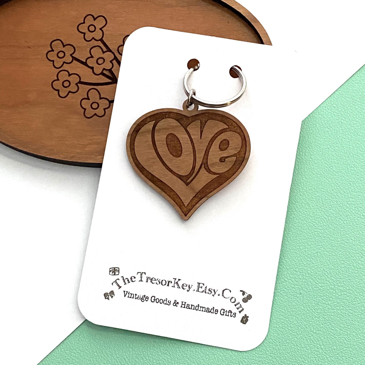 Heart Shaped "Love" Keychain Cherry Wood Retro Inspired - Cute and Unique Handmade Gift