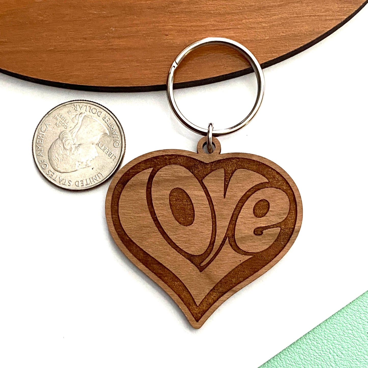 Heart Shaped "Love" Keychain Cherry Wood Retro Inspired - Cute and Unique Handmade Gift